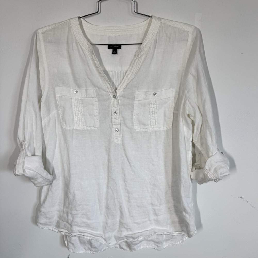 Talbots White Linen Camp Shirt Popover Top Pockets Roll Tab Sleeves Women's L